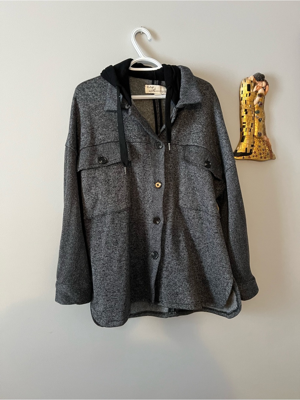 Gray Button-Up Shacket with Black Hood size M-L